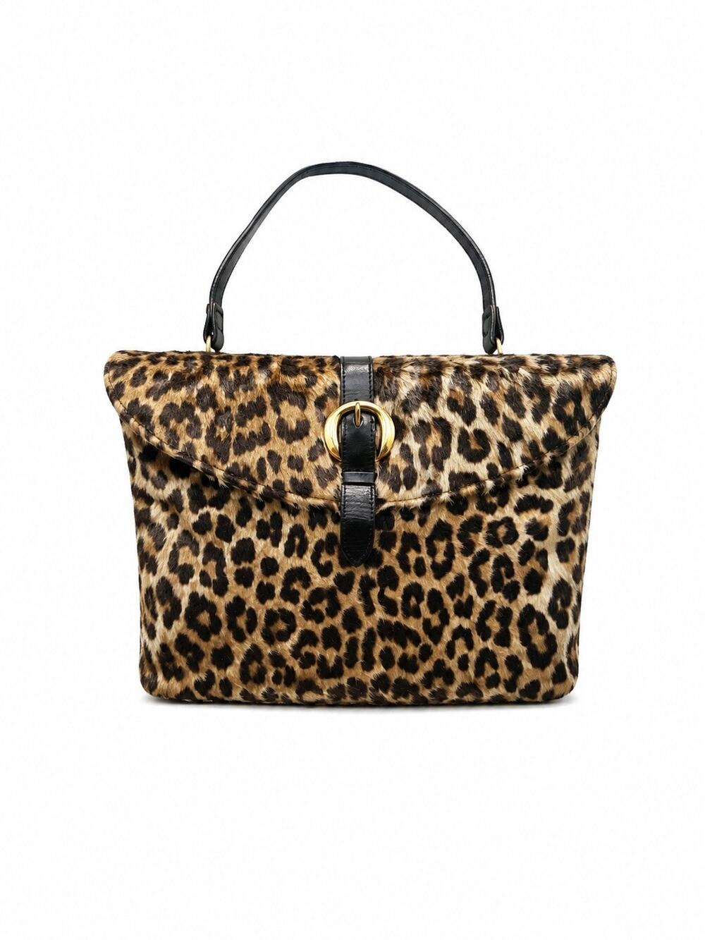 Vintage 60s 70s Leopard Calf Hair Leather Top Handle Bag Brass Hardware Purse